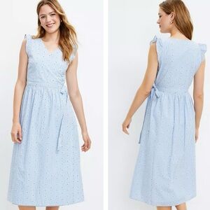 Loft Women’s Eyelet Ruffle Sleeveless Midi Wrap Dress Floral Pinstripe Daisy MED